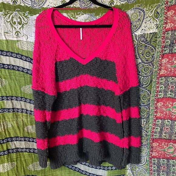 NWOT Free People Pink and Gray Songbird Striped Sweater Size Medium - Picture 2 of 14